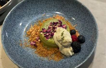 Chef Krisha Shewani Matcha panacotta, toasted almond soil, coconut cloud, raspberries 2