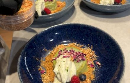 Chef Krisha Shewani Matcha panacotta, toasted almond soil, coconut cloud, raspberries