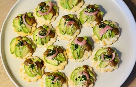 Chef Krisha Shewani Miso avocado tartare, rice papadums, pickled onions