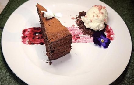 Chef Rushabh Rupani Spiced Dark Chocolate Cake, Chocolate Soil, Vanilla Bean, Verry Coulis