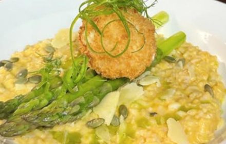 Chef Thanys Ndoye Butternut And Asparagus Stem Risotto, With Toasted Pumpkin, Asparagus, And Egg