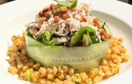 Chef Thanys Ndoye Melon Brunoise With Basil And Mint, Chicken, Mesclun Greens, Duck Fat, Lentil Wrapped In Cucumber And Red Onion