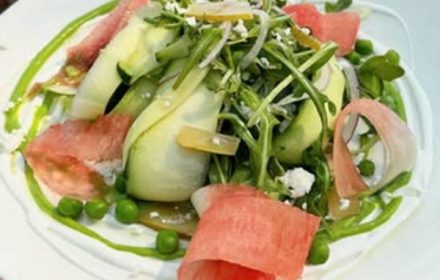Chef Thanys Ndoye Zucchini Ribbons, Rocket Salad, Watermelon, Pea Puree, Goat Cheese