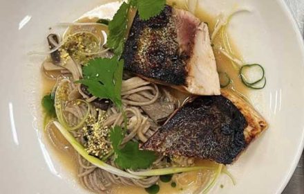 Chef Lorris Facciolo Pan Fried Kingfish, Soba Noodles, Miso Broth, Enoki Mushrooms