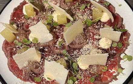 Chef Lorris Facciolo Venison Carpaccio, Compressed Apple, Parmesan, Sour Gel, Chestnut, Horseradish Mayo