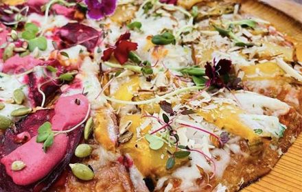 Chef Rahul Kirtikar Nachini Sorghum Base With Chili Beet Cashewnut Feta And Almond Pumpkin Pizza