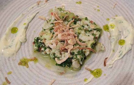Chef John Hampson Red snapper and spencer gulf prawns ceviche, Finger lime and dill, herb creme fraiche, coriander oil, crispy shallots