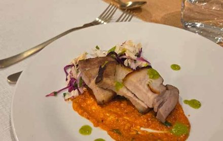 Chef John Hampson Roast pork belly, macadamia romesco, Asian greens salad