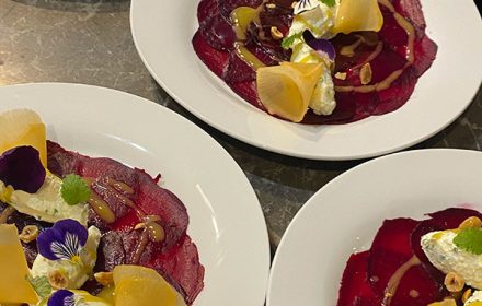 Chef Boubacar Ba Beetroot Carpaccio, goat cream, xéres vinegrette, honey, nuts