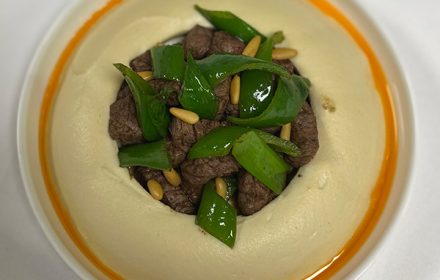 Chef Boubacar Ba Hummus with wagyu beef, jalapeño, pine nuts, chili oil