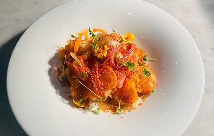 Chef Boubarcar Ba Vanilla cremeux, winter fruits, almond crumble, citrus gel, flower