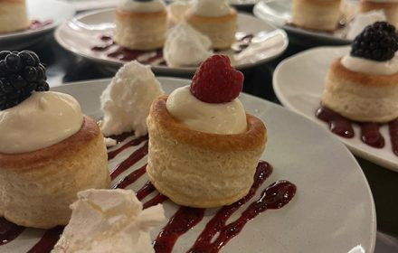 Chef Georges Dakkak Lemon tart brulee, lemon mousse, berries ice cream, crumbled meringue