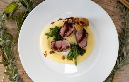 Chef Hao Huang duck breast, polenta, port wine Jus