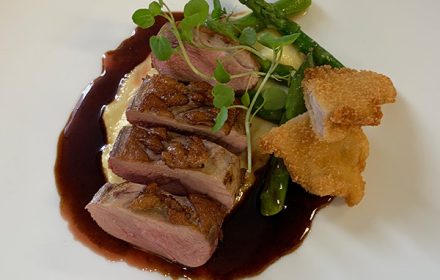 Chef Hao Huang Duck breast, potato puree, red wine jus, duck tenderloin