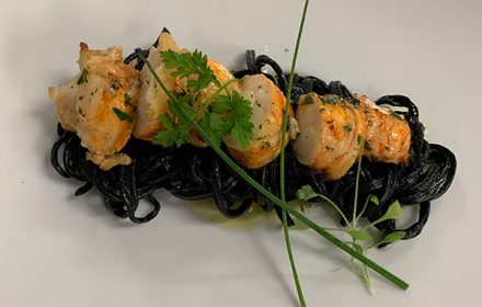 Chef Hao Huang Squid ink pasta with butter poached lobster