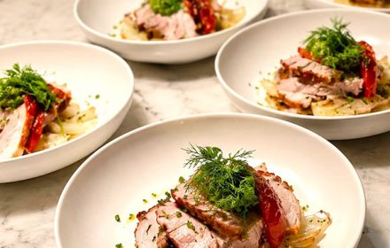 Chef Raffaele de Falco Slow roasted porchetta, crispy crackling, celeriac purée, apple sauce, fennel, rosemary jus