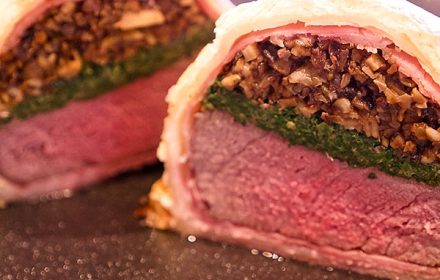 Chef Jay Park dish closeup of Beef wellington with spinach and reduced mushroom