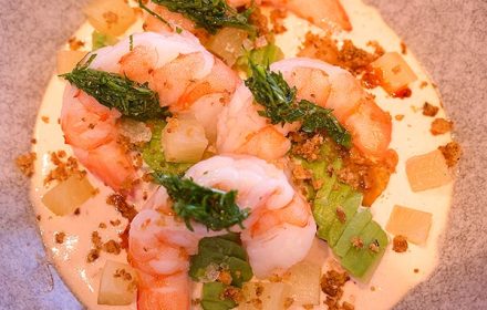 Cocktail sauce, prawn, avocado, pineapple, candied walnut, parsley mix dish by Chef Jay Park