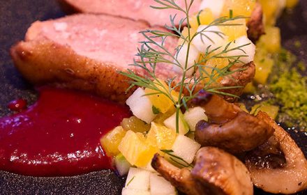 Duck breast, cherry puree, mushroom, orange and apple mix, parsley crumb dish by Chef Jay Park