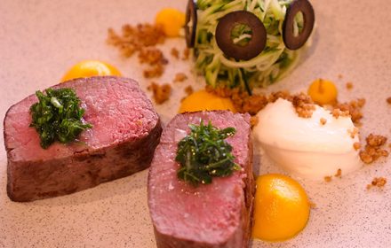 Lamb backstrap, carrot puree, creme fraiche, candied walnut, zucchini, olive dish by Chef Jay Park