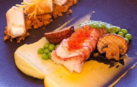 Lobster tail, avocado and carrot puree, tobiko, crumble with 3 cheese mix in filo pastry dish by Chef Jay Park