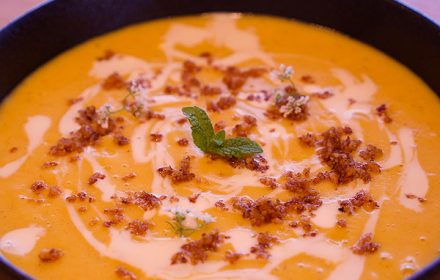 Pumpkin soup with cream and candied walnut dish by Chef Jay Park