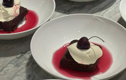 Chef Raffaele Pelligra Flourless dark chocolate cake, glazed cherries, crème fraîche