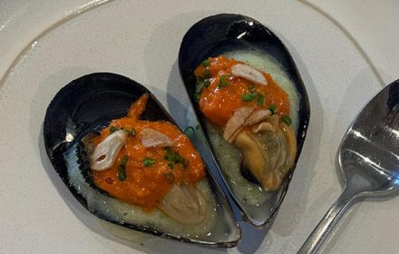 Chef Raffaele Pelligra Steamed mussels, spicy nduja sausage, herb infused potato cream, crispy fried garlic