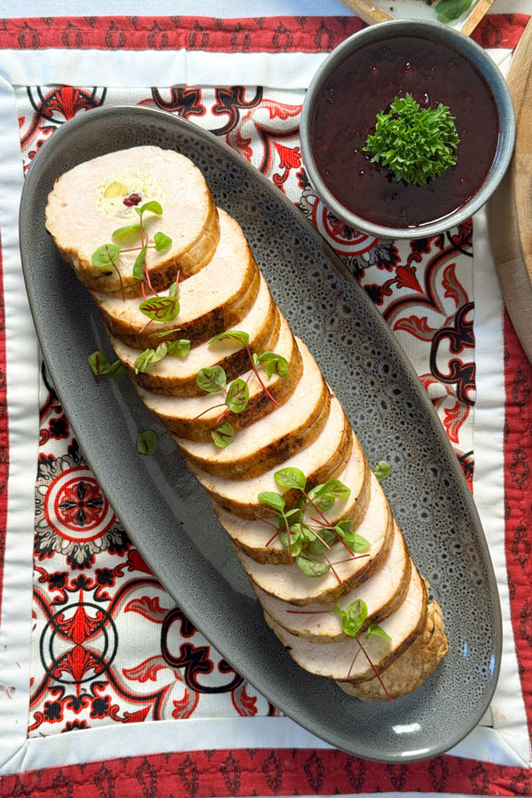 turkey apple fig cognac, cranberry sauce top shot