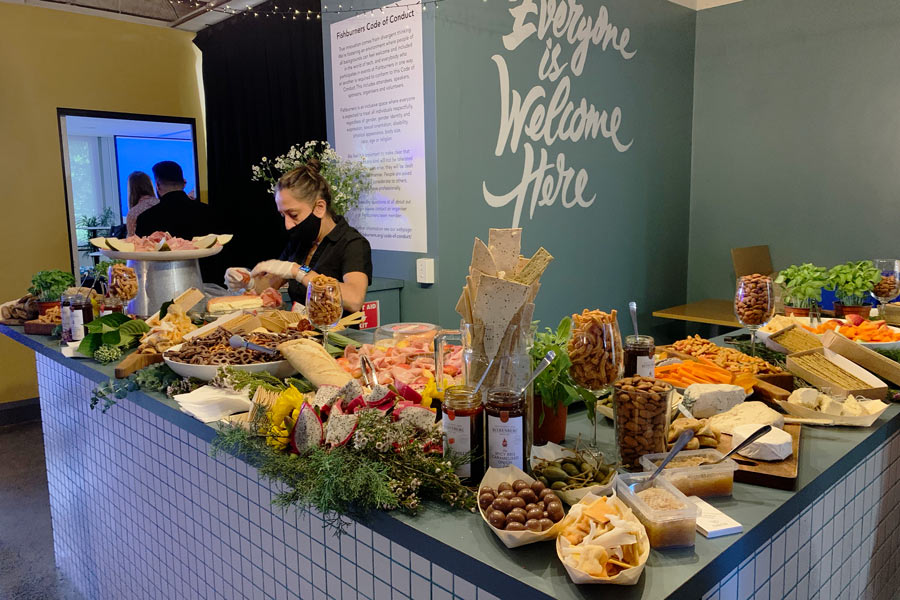 a large grazing table in an office